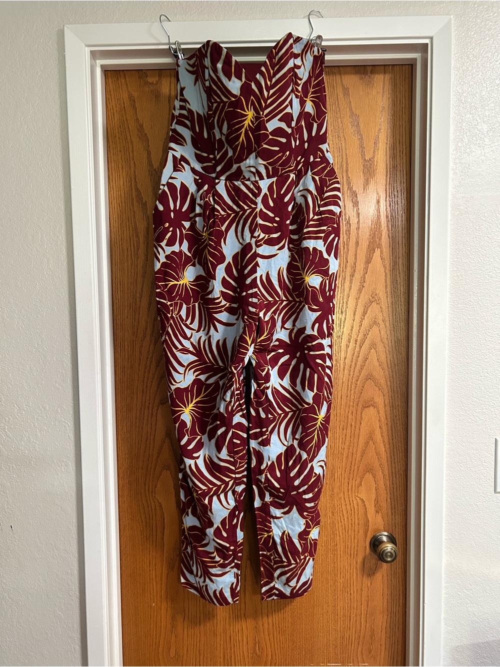 H&M Strapless Tropic Leaf Jumpsuit in Burgundy and Light Blue